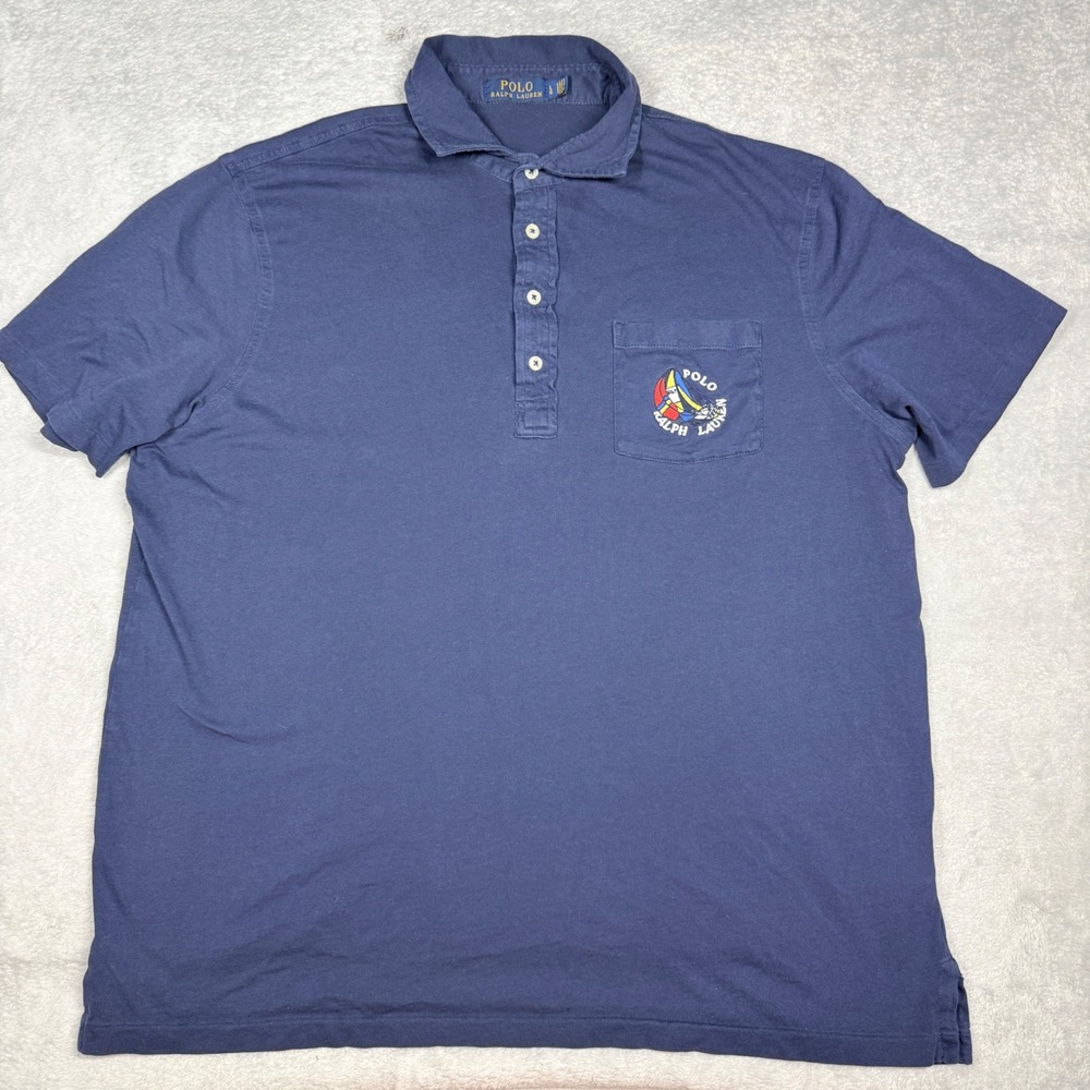 Polo‎ Ralph Lauren Polo Shirt Mens Large Navy Blue Sailboat Pocket Embroidered